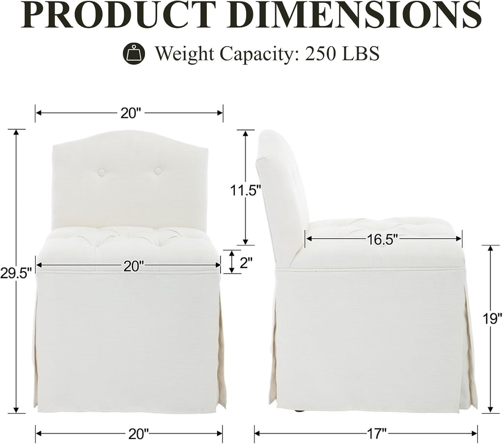 White Tufted Makeup Vanity Chair with Wheels, Small Upholstered Skirted Slipper Accent Chair with Low Back & Metal Legs, Armless Rolling Vanity Stool Desk Chair for Living Room Bedroom