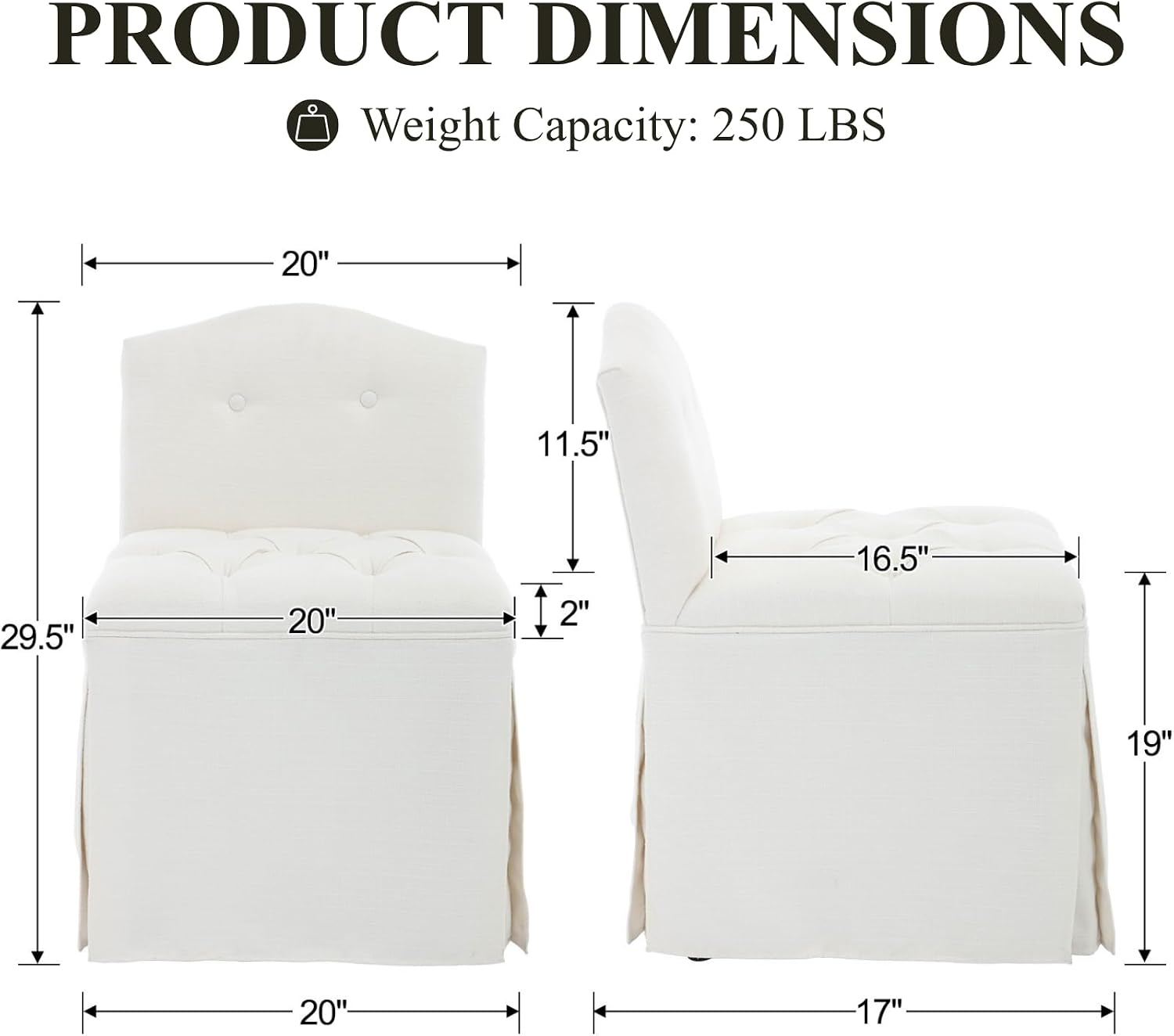 White Tufted Makeup Vanity Chair with Wheels, Small Upholstered Skirted Slipper Accent Chair with Low Back & Metal Legs, Armless Rolling Vanity Stool Desk Chair for Living Room Bedroom