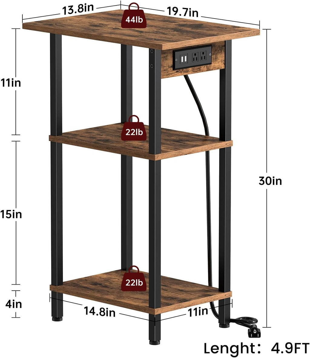 Asgolion Tall End Table with Charging Station, Skinny Nightstand with USB Ports and Outlets, 3 Tier Narrow Side Table with Storage for Bedroom, Living Room, Office, Rustic Brown and Black