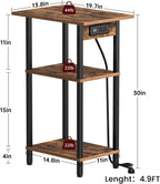 Asgolion Tall End Table with Charging Station, Skinny Nightstand with USB Ports and Outlets, 3 Tier Narrow Side Table with Storage for Bedroom, Living Room, Office, Rustic Brown and Black