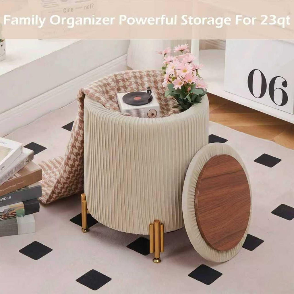 Round Ottoman Foot Stool with Storage and Metal Legs for Living Room Bedroom, Velvet Upholstered Footrest Stool Support 300lbs Modern Padded Seat Ottoman Coffee Table (Oatmeal‌)