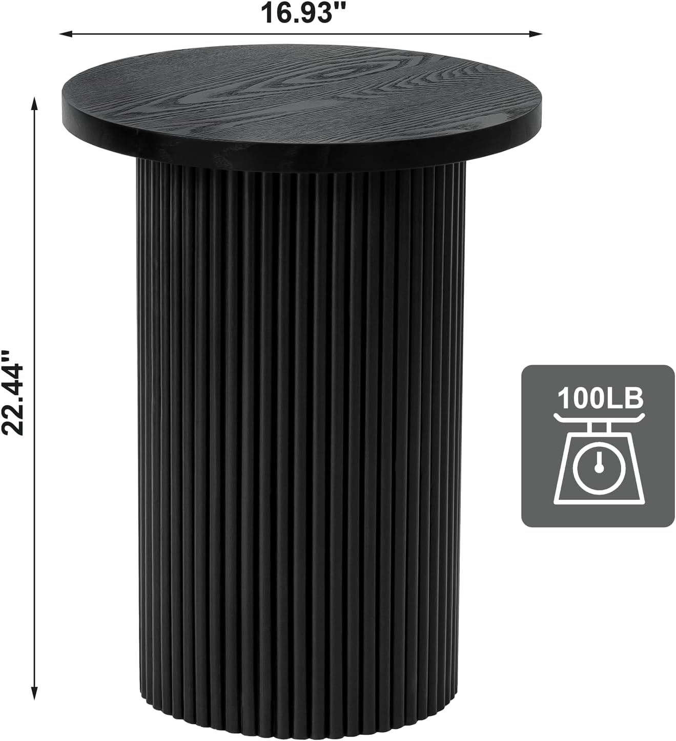 Modern Side Table, 16.93" Fluted Round Pedestal Table for Living Room, Bedroom, Entryway, Sofa, Chair – Black Accent Table with Solid Wood Strips End Table