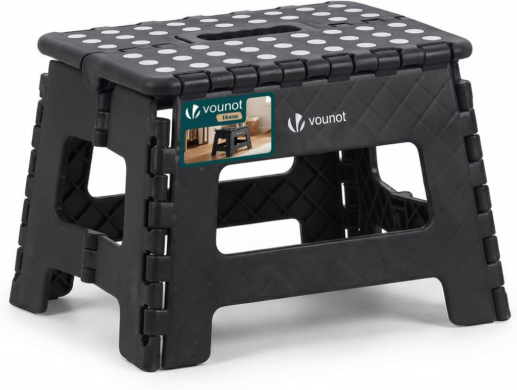 VOUNOT® Folding Step Stool, Portable Stepping Stool with Carrying Handle, Anti-Slip Folding Stool for Bathroom, Garden, Camping, Home, 32 x 25 x 22 cm, Black
