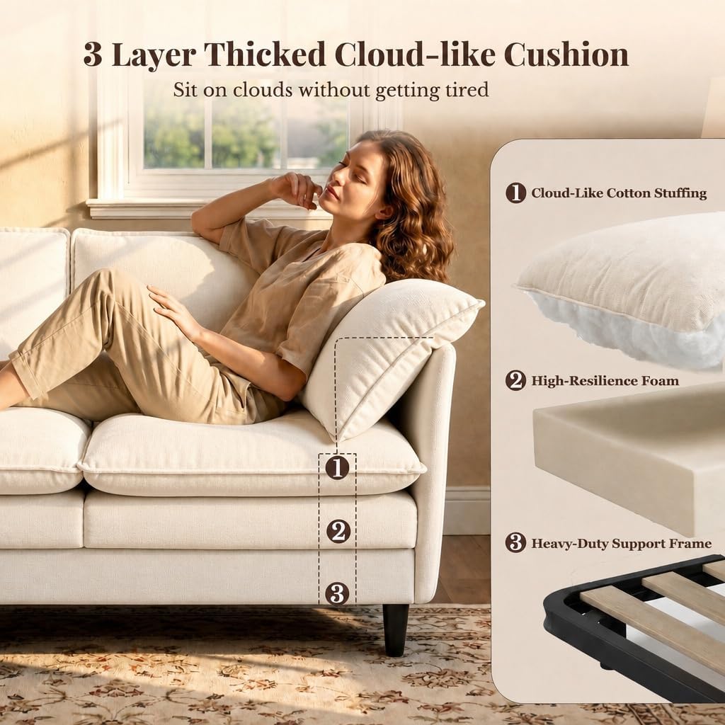 KYJ 69” Small Sofa, Cloud 3-Seat Love Seat, Small Couch for Living Room | 3 Layer Cushion, Washable Pillow, Deep Seat, Chenille Fabric, Raised Leg, Curved Armrest, In a Box for Small Spaces, Beige