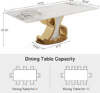 Tribesigns 78.74" Sintered Stone Dining Table for 8-10, Modern Luxury White & Gold Kitchen Table with Natural Tan Veining Tabletop & Stainless Steel Pedestal (Only Table)