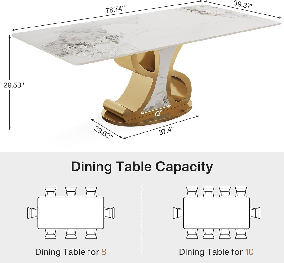 Tribesigns 78.74" Sintered Stone Dining Table for 8-10, Modern Luxury White & Gold Kitchen Table with Natural Tan Veining Tabletop & Stainless Steel Pedestal (Only Table)