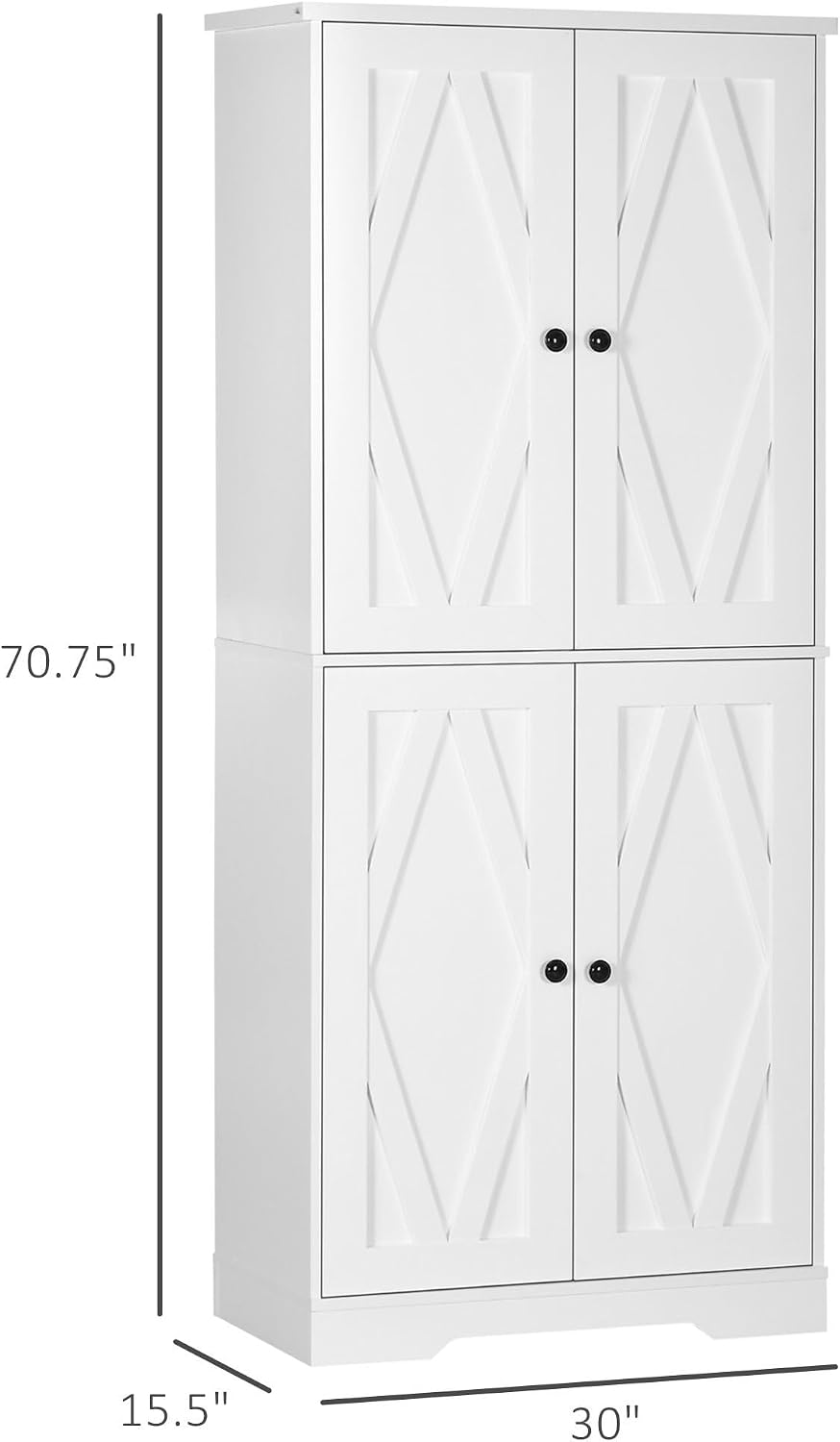70.75" Farmhouse Kitchen Pantry Cabinet, Freestanding Tall Storage Cabinet with 4 Barn Doors and Adjustable Shelves for Dining Room, White