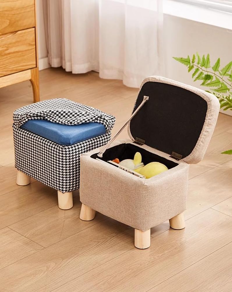 Storage Ottoman with Linen Removable Cover,Square Foot Rest Stool Hinged Lid Upholstered Padded Seat for Living Room Bedroom,Home Decor Ottoman (Green,Small)