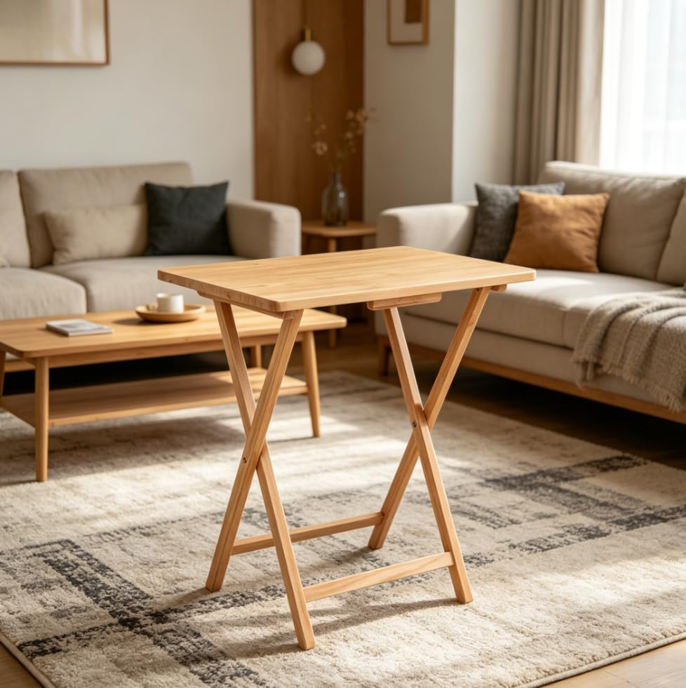 Natural Rubberwood Folding TV Dinner Tray Table, 19 x 14.5 x 26 Inch Foldable Portable Wooden Side Snack Table for Home Office Couch Bed