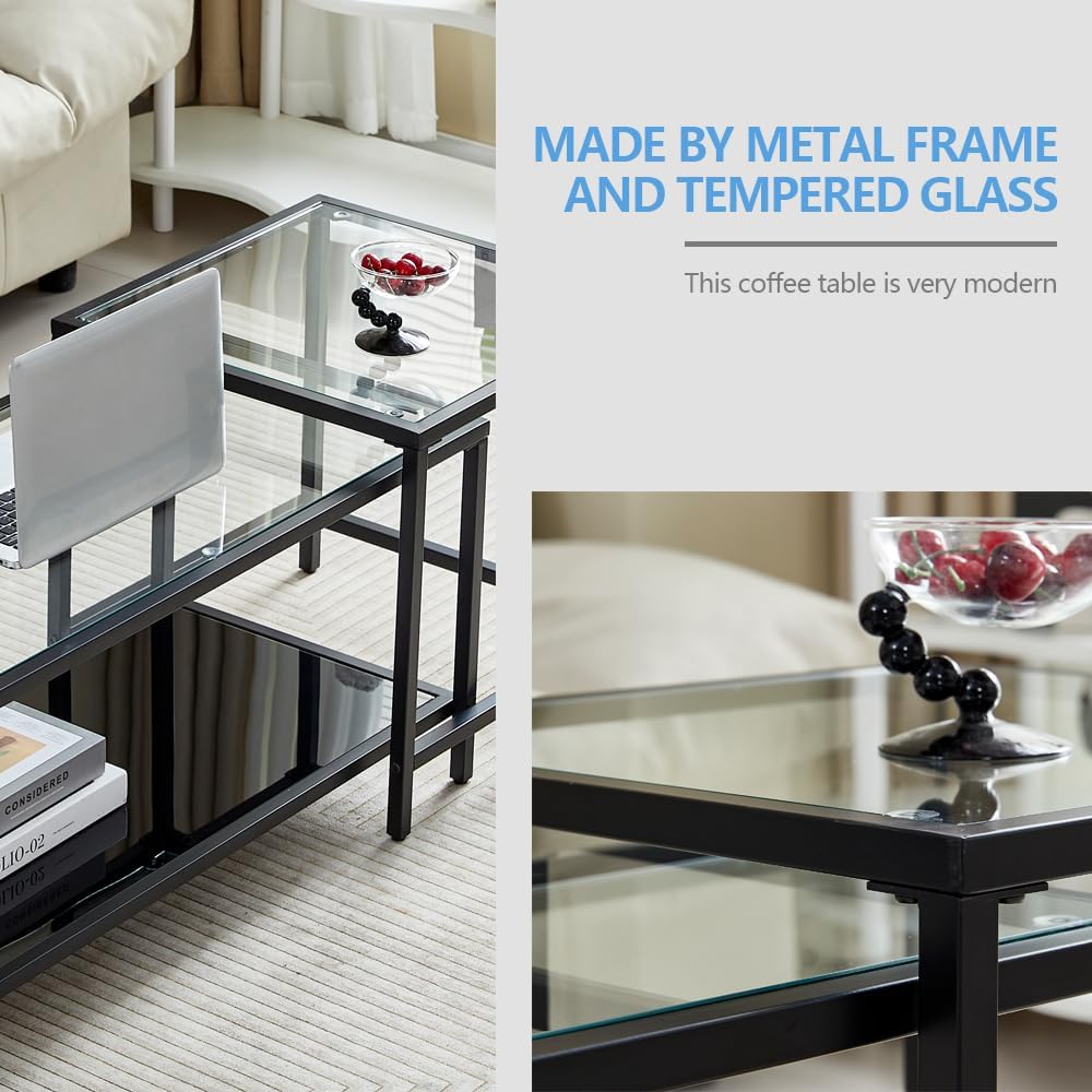 Coffee Table Nesting Set of 2, Center Coffee Table Set with Tempered Glass, Modern Side Tables for Living Room, Bedroom, Office and Nightstand, Black