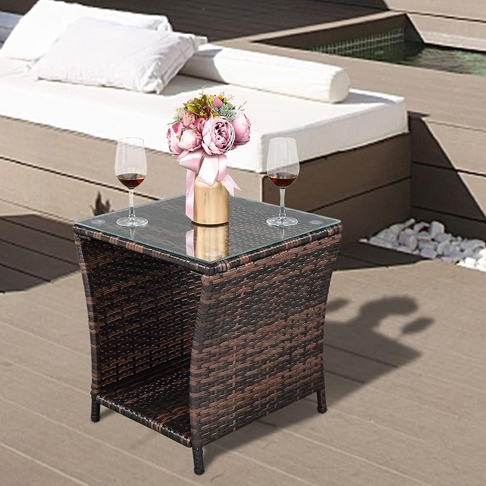VINGLI Outdoor Wicker Side Table Patio Side Tables for Outside, Tempered Glass Top Wicker Table with Storage End Table for Balcony Porch Deck (Brown)