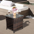 VINGLI Outdoor Wicker Side Table Patio Side Tables for Outside, Tempered Glass Top Wicker Table with Storage End Table for Balcony Porch Deck (Brown)