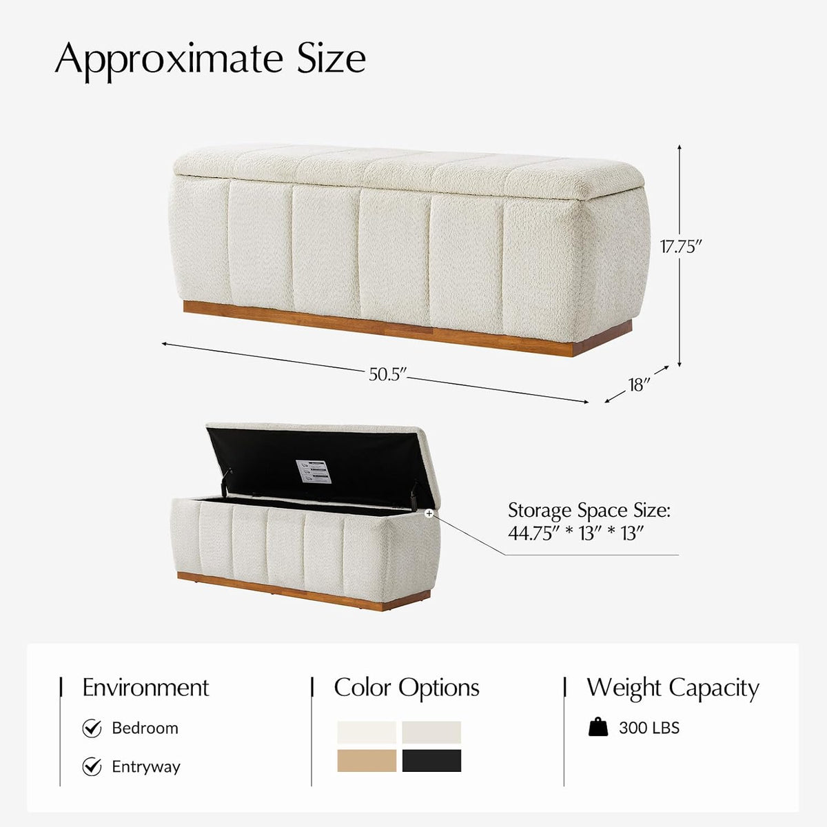 HULALA HOME Storage Bench with Solid Wood Base, Chenille End of Bed Bench for Bedroom, Living Room, Entryway, No Assembly, Beige