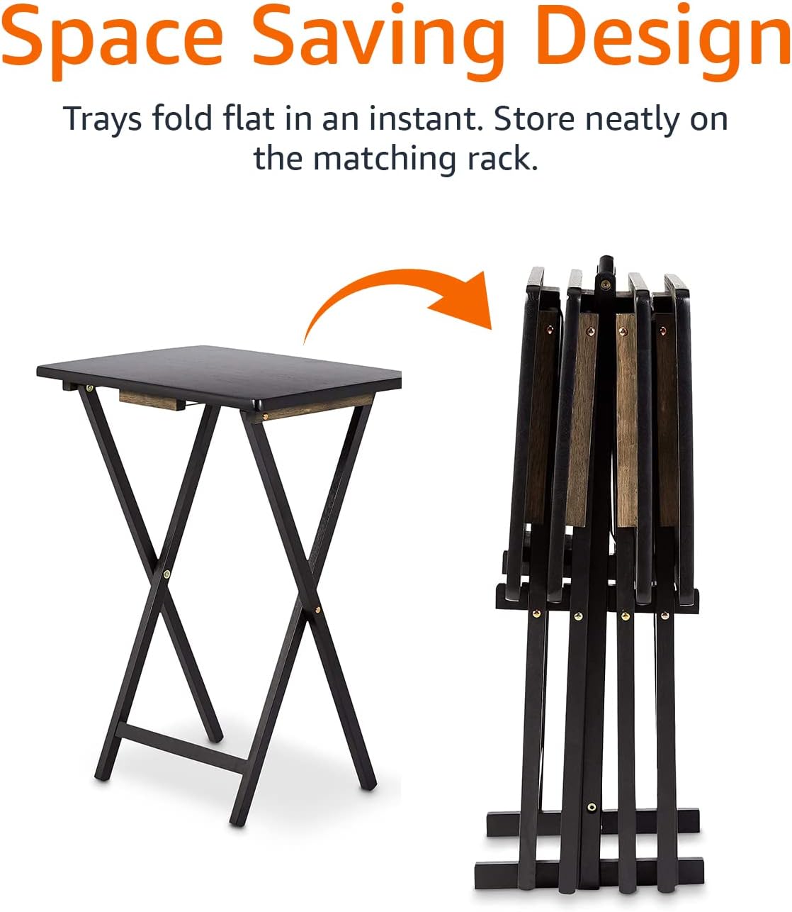 Amazon Basics Portable Foldable TV Tray Table with Storage Rack, Space-Saving Design, 15" x 19" x 26", Black, 4-Pack