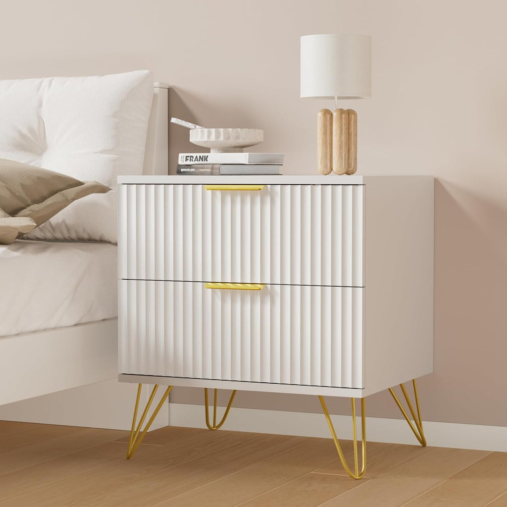 White Nightstand Set of 2, Modern Night Stand Bedside Table with 2 Storage Drawer, Bed Side End Table with Golden Handles and Legs for Bedroom, White