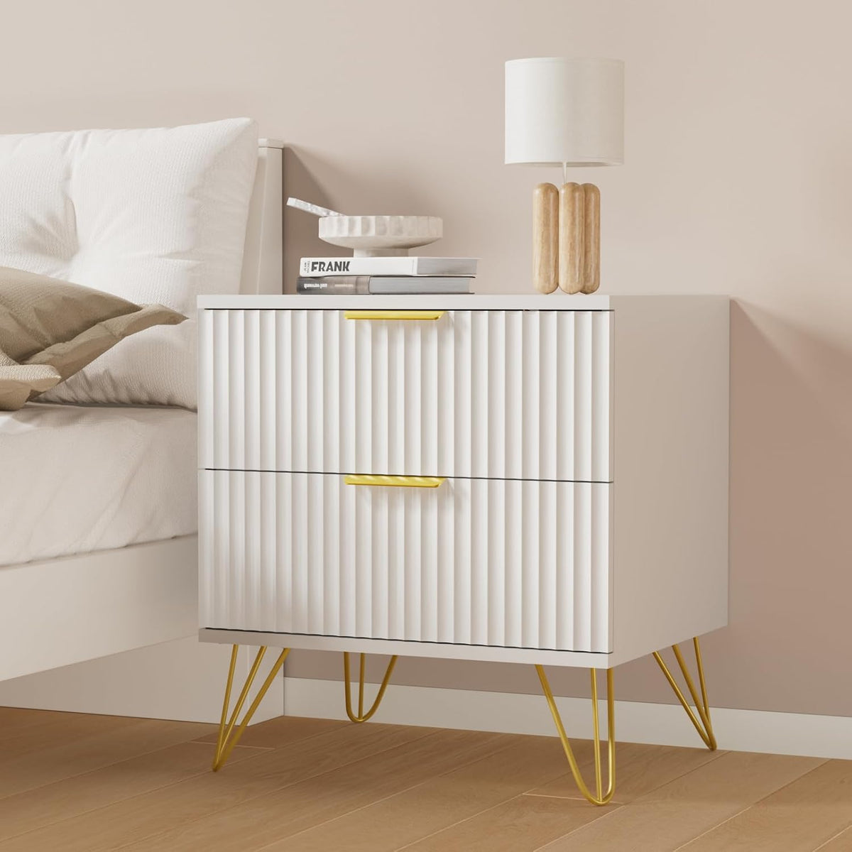 White Nightstand Set of 2, Modern Night Stand Bedside Table with 2 Storage Drawer, Bed Side End Table with Golden Handles and Legs for Bedroom, White