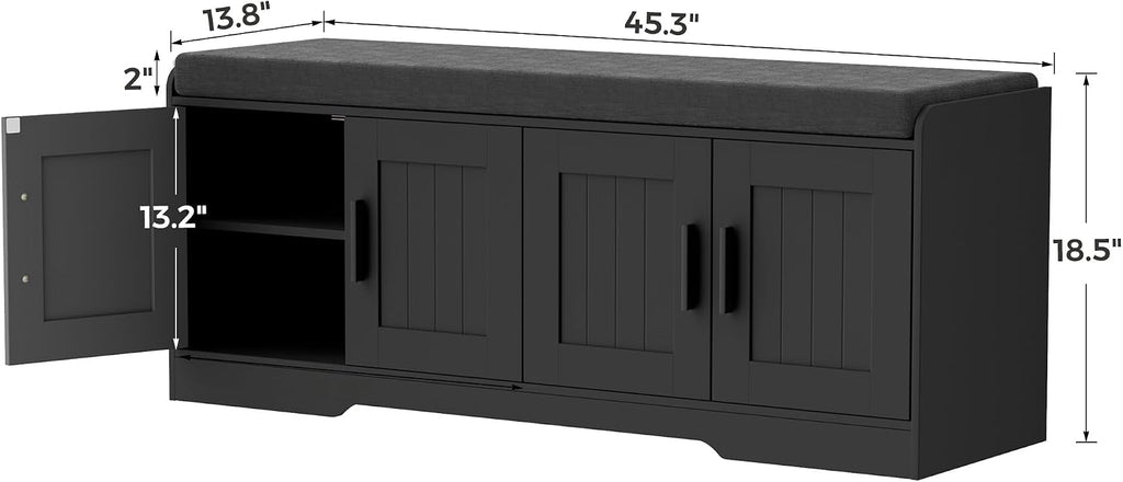 Homleke Shoe Storage Bench, 4 Doors & Thickened Padded Seat Cushion | 2-Tier Shoe Bench, Entryway Bench, Adjustable Shelf, 13.8" D x 45.3" W x 18.5" H, for Living Room, Bedroom, Black
