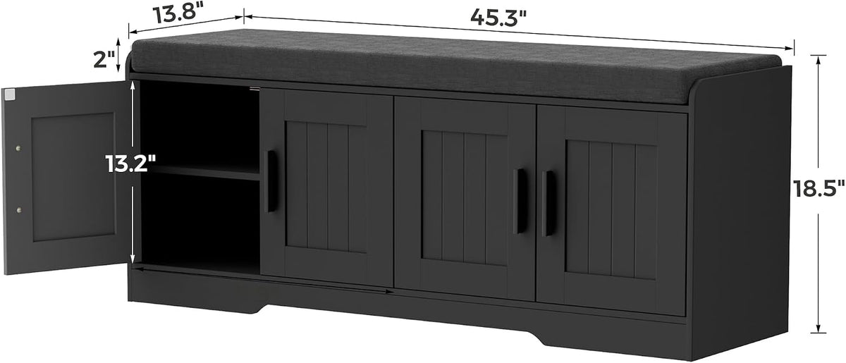 Homleke Shoe Storage Bench, 4 Doors & Thickened Padded Seat Cushion | 2-Tier Shoe Bench, Entryway Bench, Adjustable Shelf, 13.8" D x 45.3" W x 18.5" H, for Living Room, Bedroom, Black