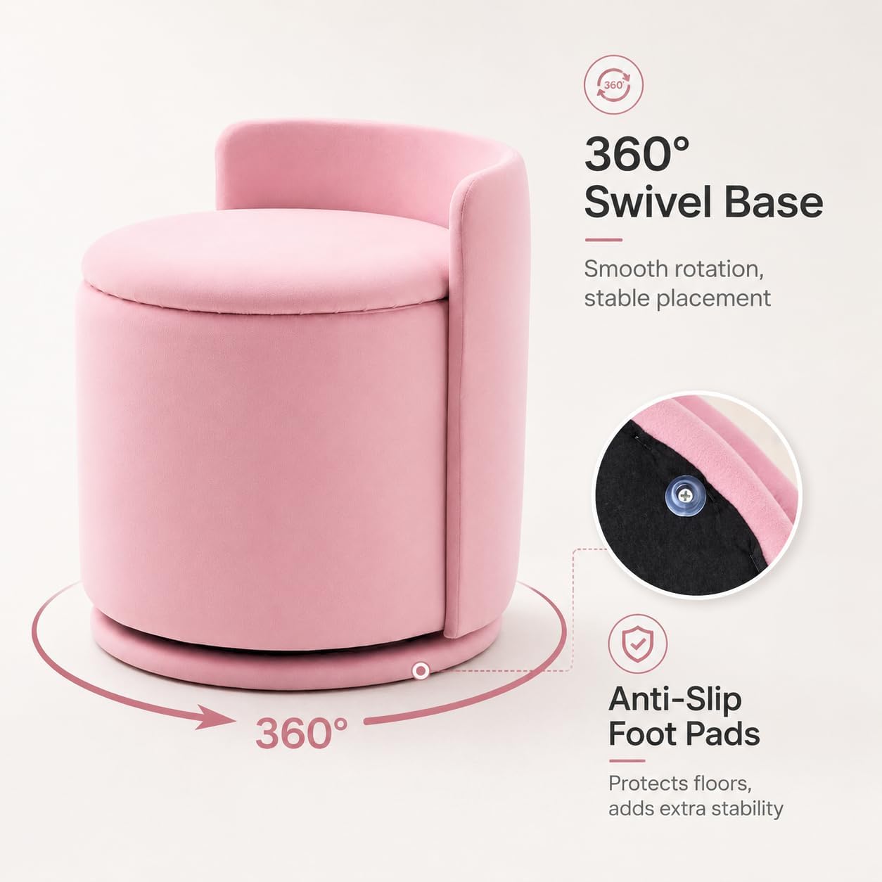 Vanity Chair with Storage and Back 360°Swivel Makeup Chair 17" D x 17" W x 20" H Soft Seat Ottoman Small Side Table Hallway Footstools for Living Room Makeup Room (Pink)