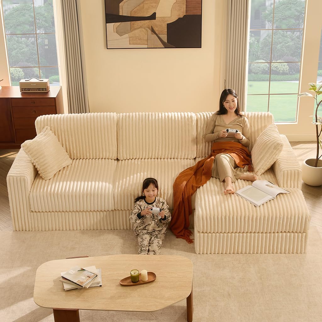 GOSUHI 113" L-Shaped Cloud Couch, Modular Sectional, Deep Seats, White | Pocket Spring Cushions, Oversized 3-Seater, Right Facing Chaise, Corduroy Upholstery Couches for Living Room