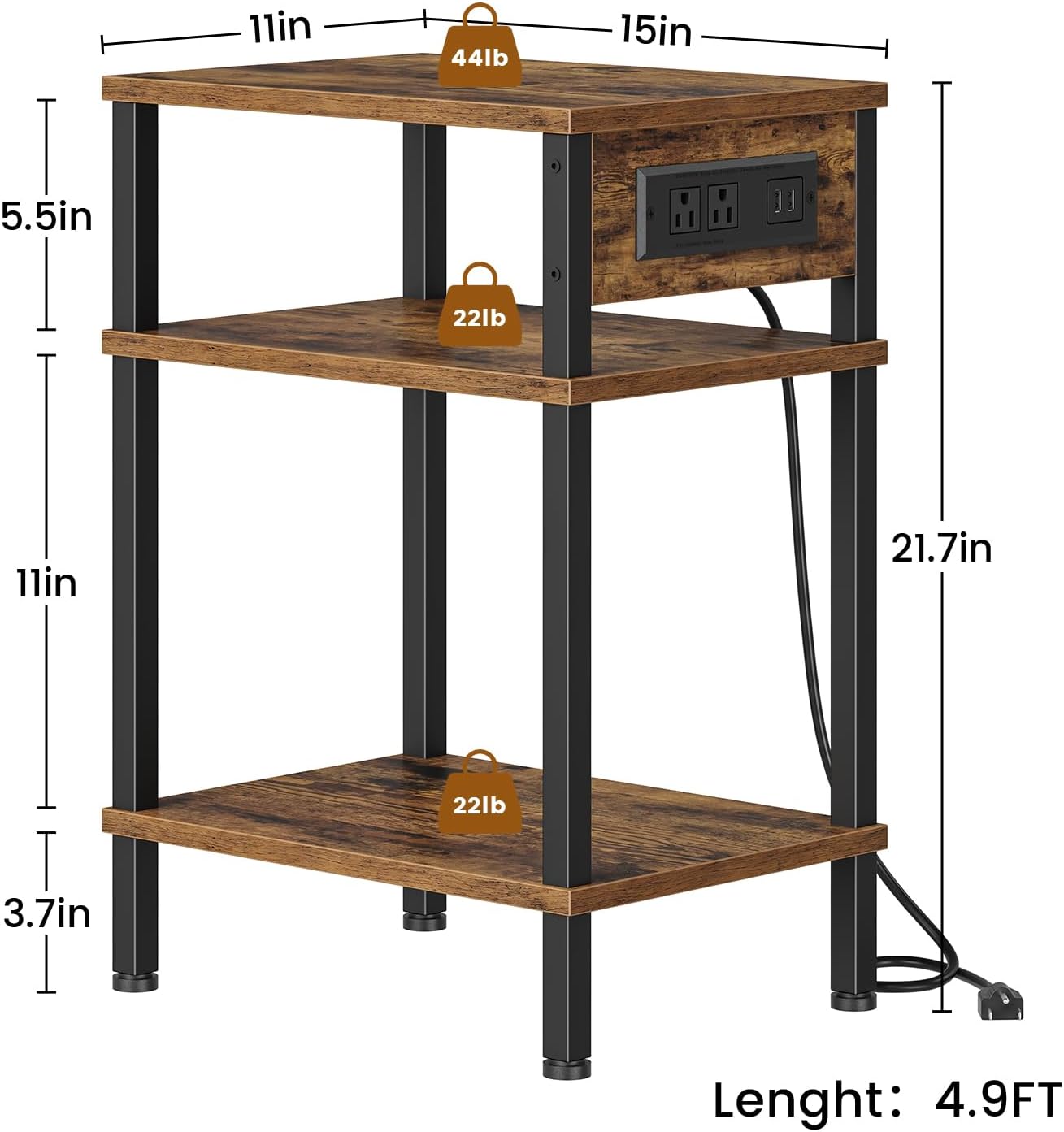Creso hom Side Table with Charging Station, End Tables Living Room, 21.7 Inch Skinny Night Stand with Storage, Small Bedside Tables for Bedroom, Office, Dorm, Hallway, Rustic Brown