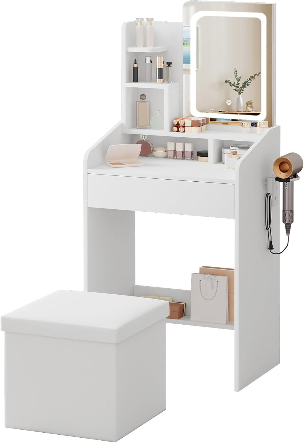 LIVELYGLOW 24" White Small Vanity Set with Lighted Mirror & Storage Stool | Smart LED Mirror, Charging Station, Hairdryer Rack, Space-Saving