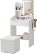 LIVELYGLOW 24" White Small Vanity Set with Lighted Mirror & Storage Stool | Smart LED Mirror, Charging Station, Hairdryer Rack, Space-Saving