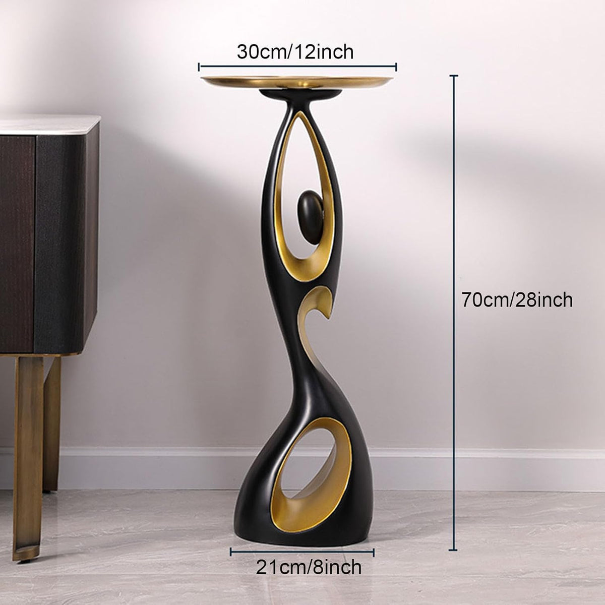 Modern Side Table with Metal Top,Resin End Table with Art Base,Round Bedside Table Coffee Table, Minimalist Accent Table,Small Space Drinking Table for Living Room Bedroom