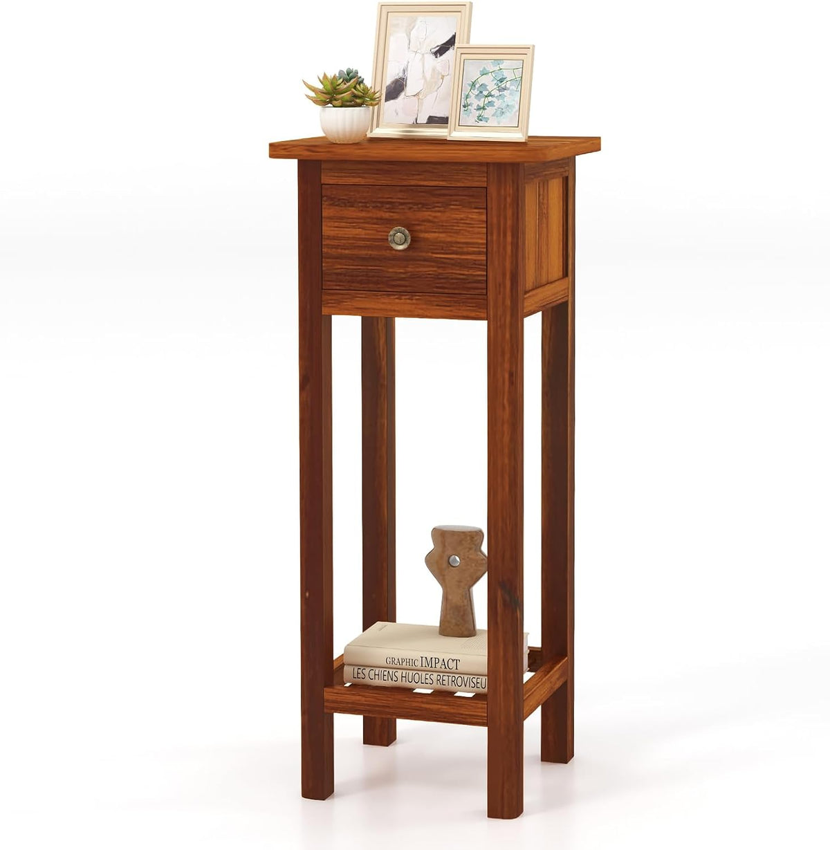 SlickBlue 2-Tier Slim Bedside Table with Drawer and Shelf for Living Room Bedroom