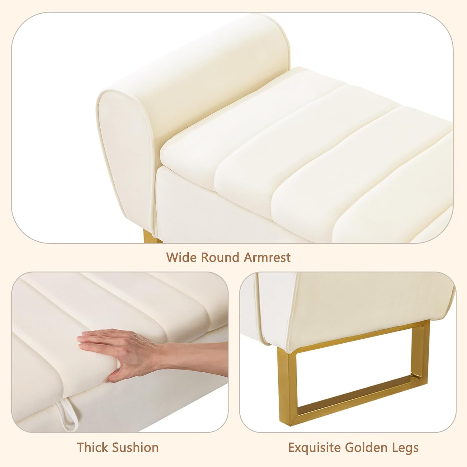 67'' King Size End of Bed Storage Bench for Bedroom, Bedroom Benches for Foot of Bed King with Gold Legs, Storage Ottoman Bench with Storage for Bedroom, Velvet Beige