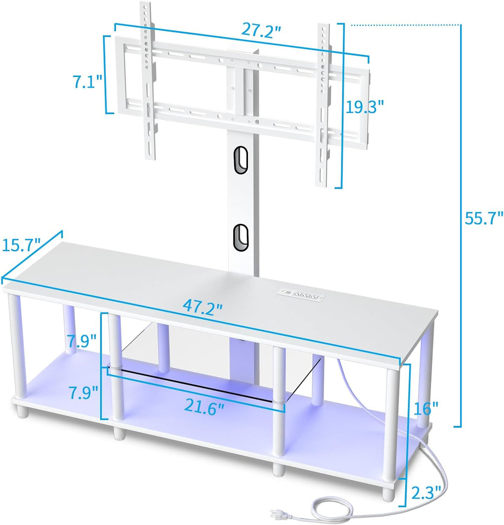 TV Stand with Mount and Led Light，White TV Stand with Power Outlets for 32/40/43/50/55/60/65/70 Inch TV,Entertainment Center with Open Storage Shelf for Bedroom/Living Room/Office