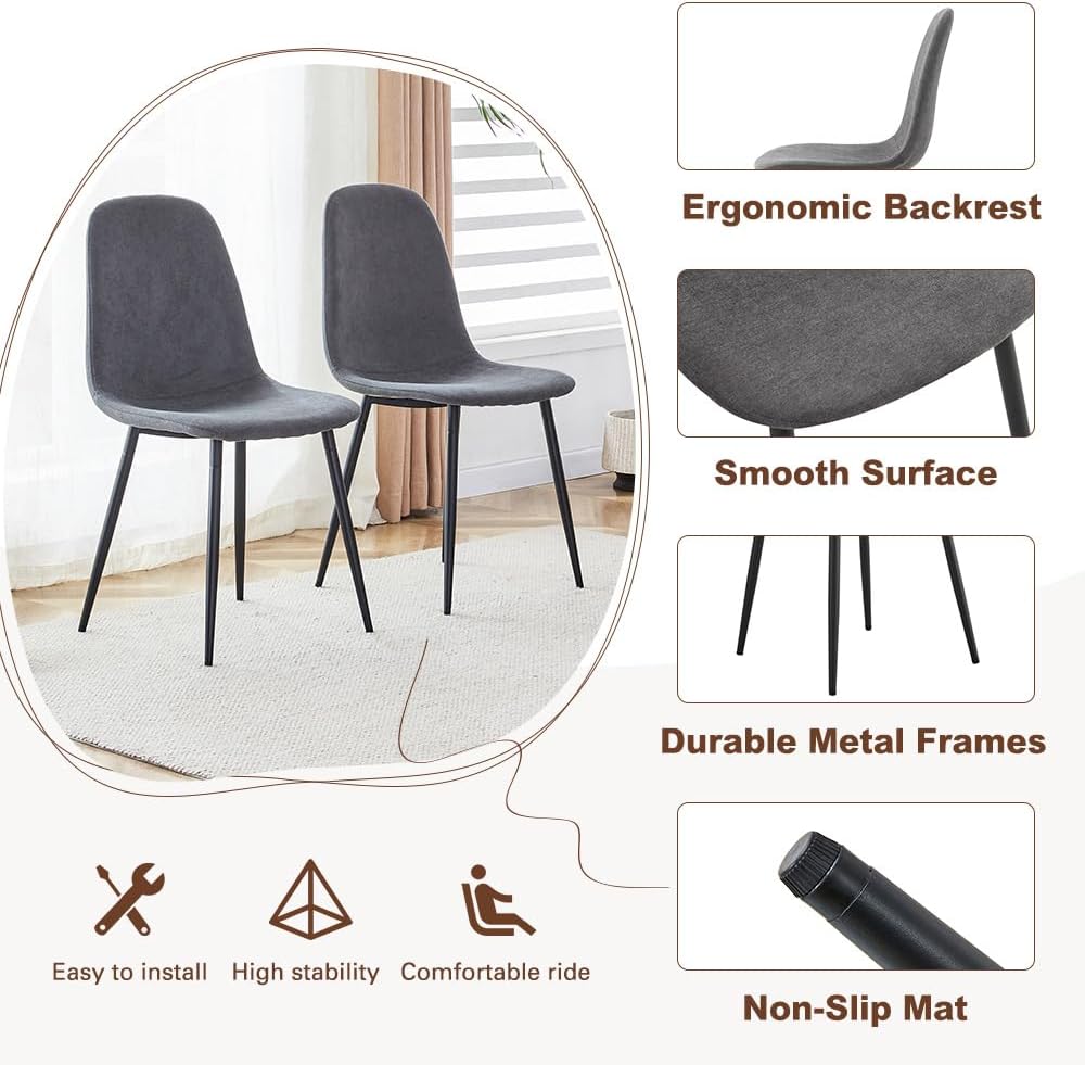 FURNITO Round Dining Table Set for 6, 42"-54" Extendable Dining Room Table with 6 Linen Fabric Chairs, Mid Century Modern Dining Set for Small Space (Walnut Table + 6 Dark Grey Chairs)