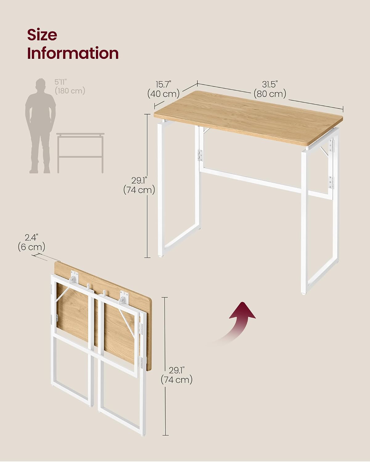 VASAGLE Folding Desk, Small Computer Desk, Foldable Table 31.5 Inch | One-Piece Desktop, Folding Table for Bedroom, Balcony, Camping, Easy Assembly, Straw Yellow, ULWD151YD01