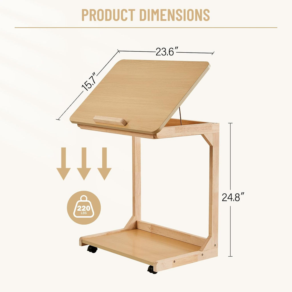 Uniclinens Rolling Side Table Desk Sofa - C Shape Couch End Table with Wheels, Mobile Wooden Slim Sofa Tray, Movable Small Couch Desk for Living Room Bedroom, Natural