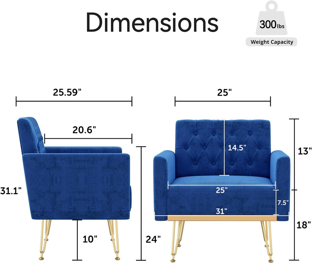 Olela Accent Chair with Arm for Living Room, Velvet Modern Armchair Single Sofa Cozy Tufted Upholstered Reading Side Chairs with Gold Metal Leg for Bedroom Decorate