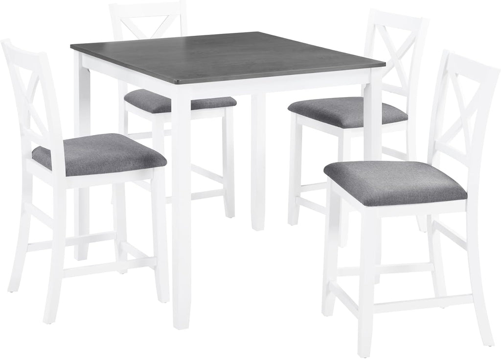LUMISOL 5-Piece Counter Height Dining Set, Wooden Square Table with 4 Chairs, Space-Saving 4-Person Dining Table Set for Small Kitchen Dining Room, Grey + White
