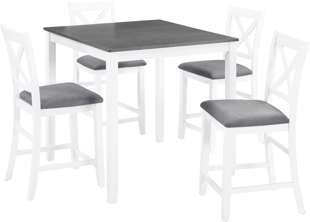 LUMISOL 5-Piece Counter Height Dining Set, Wooden Square Table with 4 Chairs, Space-Saving 4-Person Dining Table Set for Small Kitchen Dining Room, Grey + White