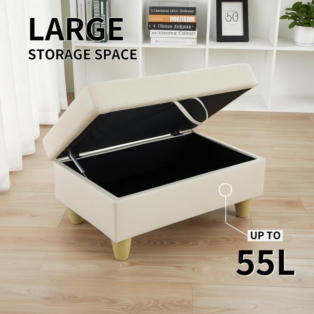 Leather Storage Ottoman Bench,33.5" Large Square Ottoman with Storage, Foot Rest Footstool Bench Coffee Table with Thick Cushion for Home Decor/Entryway/Living Room/Bedroom/Rv Car/Loft,Creamy