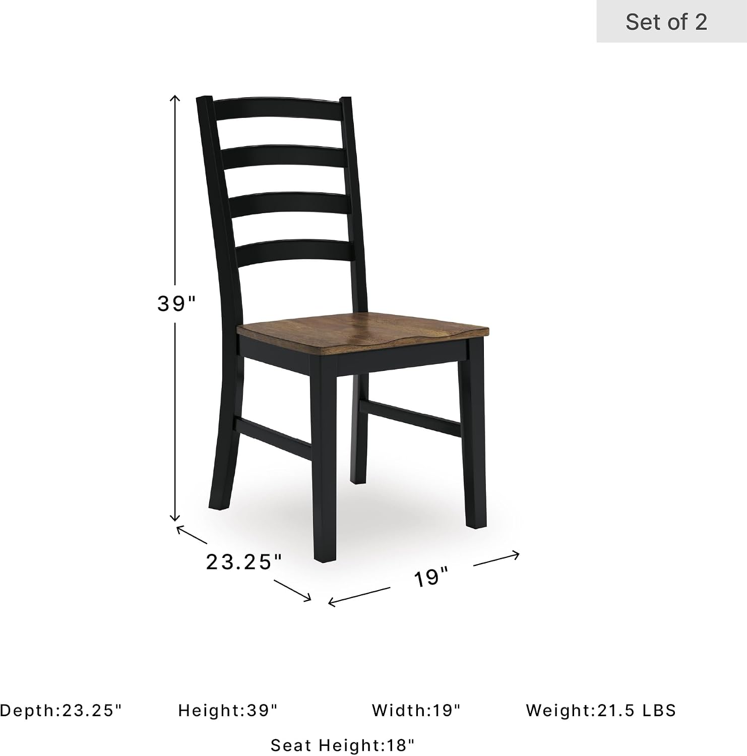 Signature Design by Ashley Wildenauer Dining Chairs Set of 2, Modern Ladderback Dining Chairs with Solid Wood Frame, Two-Tone Finish, Contoured Seat, Black/Brown | Solid wood frame, Mango veneer and MDF substrate seat, Modern ladderback, 250 lb capacity