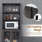 TANGZON Tall Kitchen Cupboard, Wooden Storage Sideboard with Adjustable Shelf, Glass Holder, Tempered Glass Door & Anti-toppling Device, Freestanding Pantry Cabinet Organiser for Dining Living Room