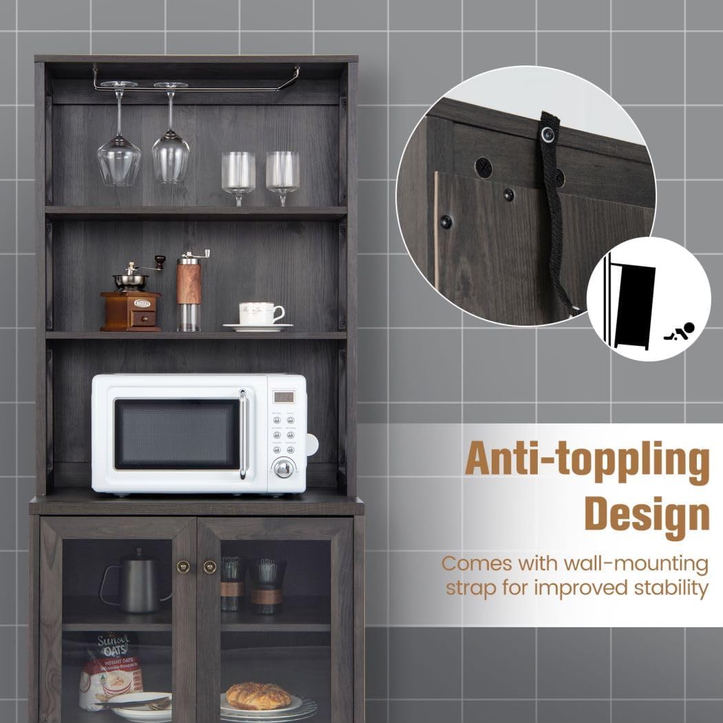 TANGZON Tall Kitchen Cupboard, Wooden Storage Sideboard with Adjustable Shelf, Glass Holder, Tempered Glass Door & Anti-toppling Device, Freestanding Pantry Cabinet Organiser for Dining Living Room