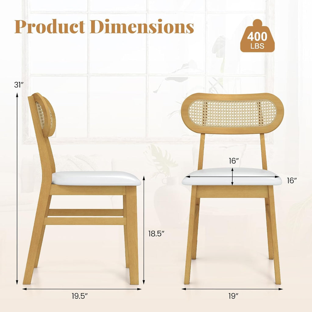 GOFLAME Wooden Dining Chairs Set of 4, Mid-Century Modern Kitchen Chairs with Upholstered Seat & Rattan Backrest, Faux Leather Cover, Armless Side Chairs for Dining Room, Restaurant, White
