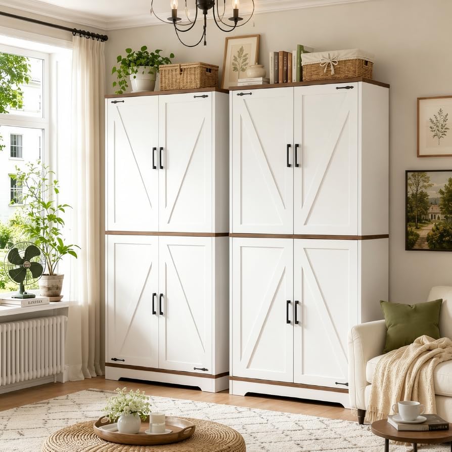 CypherX 75” Farmhouse Storage Cabinet, Large Kitchen Pantry Storage Cabinet with Adjustable Shelves and Barn Doors, Versatile Storage Cupboard for Dinning Room, Bathroom, Living Room, Antique White