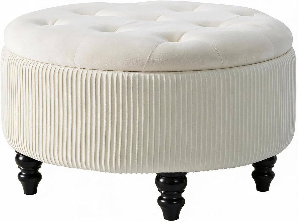 24Inch White Round Storage Ottoman, Upholstered Coffee Table | Modern Tufted Fabric Circle Storage Coffee Table with Removable Lid, Upholstered Storage Ottoman with Tray for Living Room