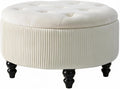 24Inch White Round Storage Ottoman, Upholstered Coffee Table | Modern Tufted Fabric Circle Storage Coffee Table with Removable Lid, Upholstered Storage Ottoman with Tray for Living Room