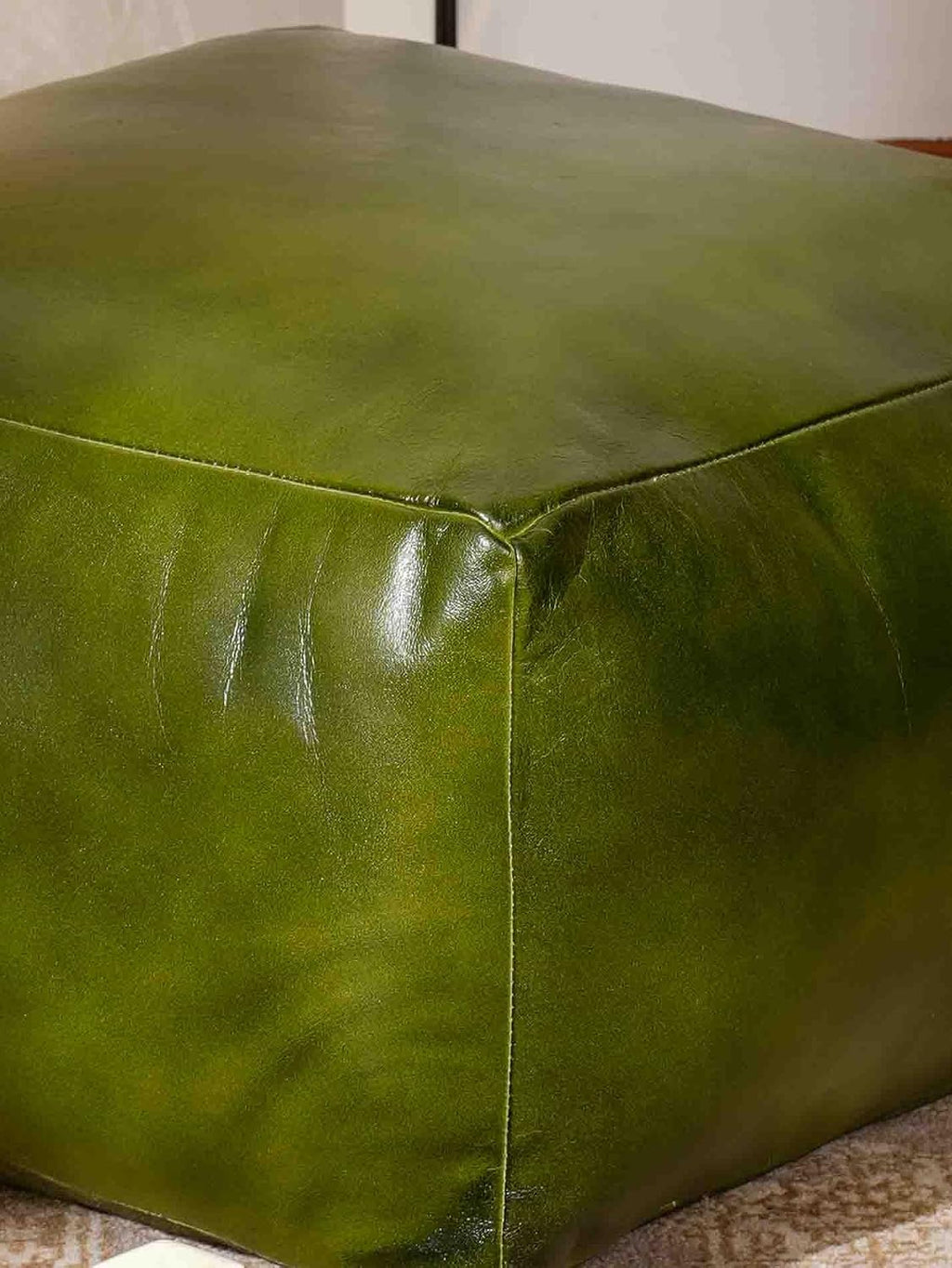 Handmade Eco-Friendly Solid Leather Pouf Green Color Square 21" x 21" x 12" Goat Leather Pouf for Living Room, Bedroom Seating, Patio