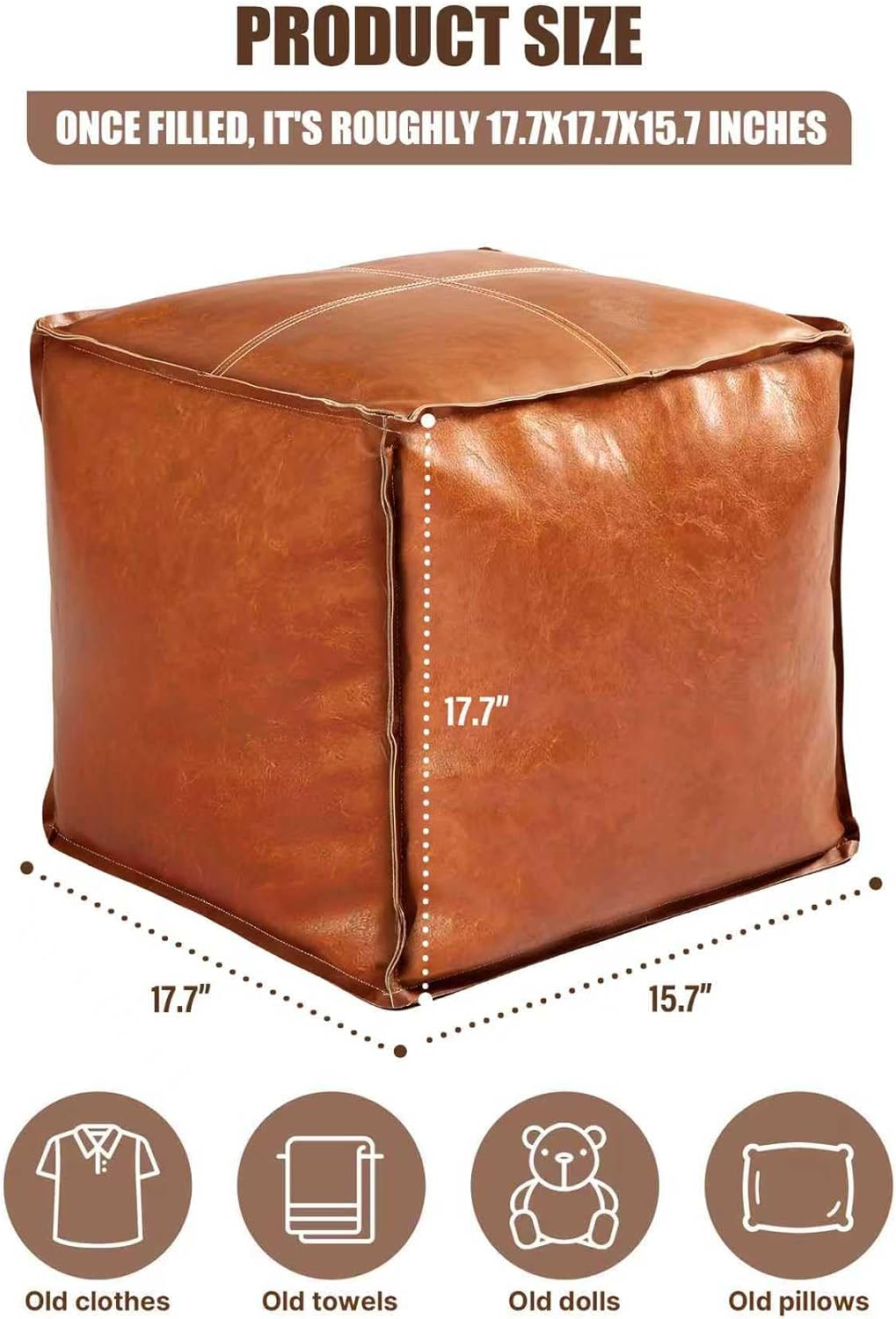 Unstuffed Faux Leather Square Pouf Ottoman Cover, Brown | DIY fillable cover with zipper, waterproof faux leather, reinforced seams, 17.7" × 17.7" × 15.7" when filled, no filler
