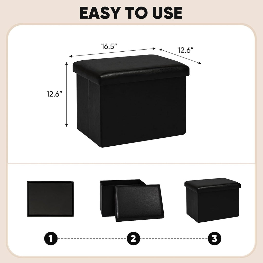 B FSOBEIIALEO Folding Storage Ottoman Cube Faux Leather Ottomans for Living Room, Bedroom, Home Office, Dorm Storage Footrest Black 16.5"x12.6"x12.6"