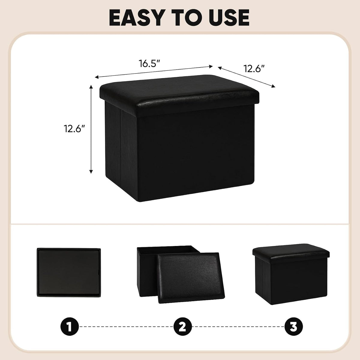 B FSOBEIIALEO Folding Storage Ottoman Cube Faux Leather Ottomans for Living Room, Bedroom, Home Office, Dorm Storage Footrest Black 16.5"x12.6"x12.6"