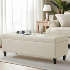 50.5 Inch Storage Ottoman Bench, Faux Leather Tufted Upholstered Bedroom Bench with Safety Hinges, Supports 300 lbs, Large Storage Bench for Living Room, Entryway (Cream)